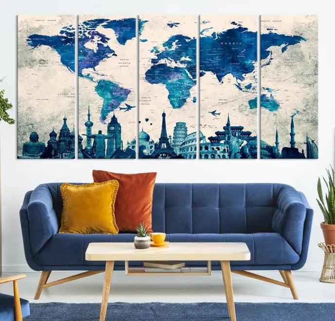 Navy Blue World Map Canvas Print, Wonder of World Map Push Pin Canvas Print: This triptych wall art displays a world map, highlighting famous global landmarks on museum-quality canvases. Each piece is ready to hang and includes a UV-protective coating for enduring vibrancy.