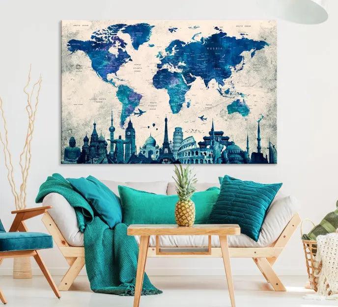 Navy Blue World Map Canvas Print, Wonder of World Map Push Pin Canvas Print: This triptych wall art displays a world map, highlighting famous global landmarks on museum-quality canvases. Each piece is ready to hang and includes a UV-protective coating for enduring vibrancy.