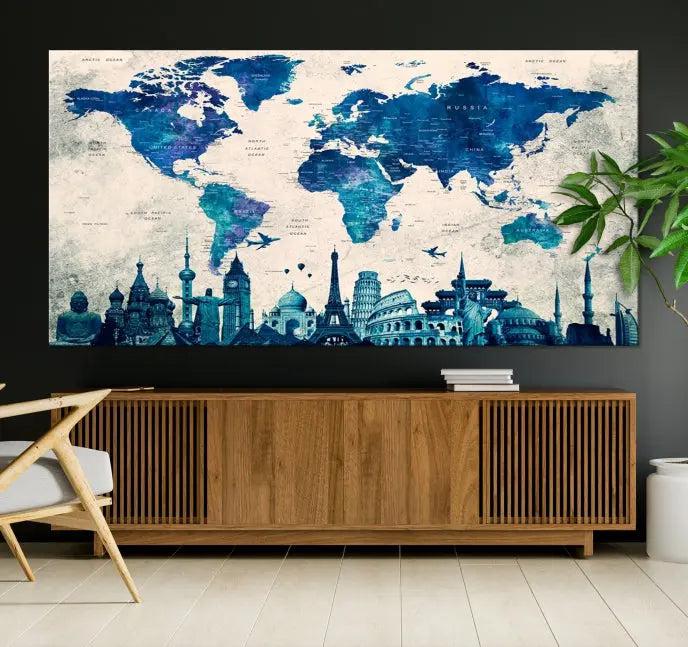 Navy Blue World Map Canvas Print, Wonder of World Map Push Pin Canvas Print: This triptych wall art displays a world map, highlighting famous global landmarks on museum-quality canvases. Each piece is ready to hang and includes a UV-protective coating for enduring vibrancy.