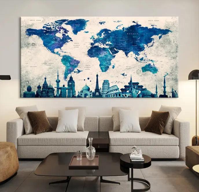 Navy Blue World Map Canvas Print, Wonder of World Map Push Pin Canvas Print: This triptych wall art displays a world map, highlighting famous global landmarks on museum-quality canvases. Each piece is ready to hang and includes a UV-protective coating for enduring vibrancy.