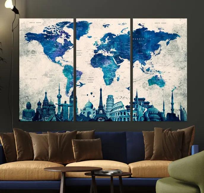 Navy Blue World Map Canvas Print, Wonder of World Map Push Pin Canvas Print: This triptych wall art displays a world map, highlighting famous global landmarks on museum-quality canvases. Each piece is ready to hang and includes a UV-protective coating for enduring vibrancy.