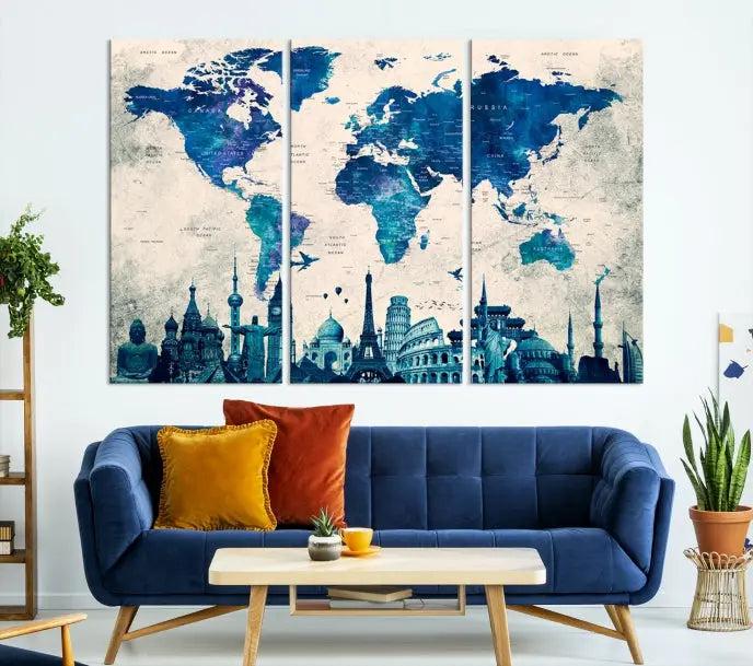 Navy Blue World Map Canvas Print, Wonder of World Map Push Pin Canvas Print: This triptych wall art displays a world map, highlighting famous global landmarks on museum-quality canvases. Each piece is ready to hang and includes a UV-protective coating for enduring vibrancy.