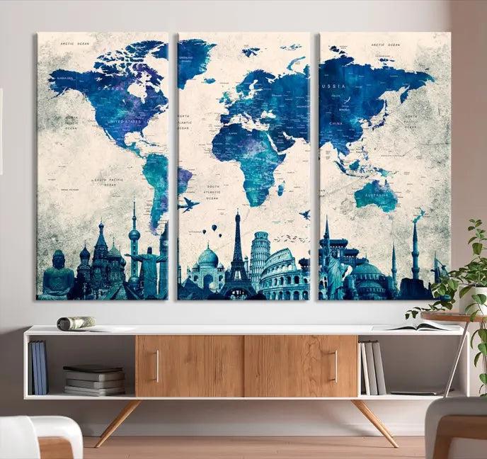 Navy Blue World Map Canvas Print, Wonder of World Map Push Pin Canvas Print: This triptych wall art displays a world map, highlighting famous global landmarks on museum-quality canvases. Each piece is ready to hang and includes a UV-protective coating for enduring vibrancy.