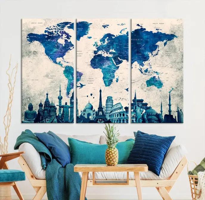 Navy Blue World Map Canvas Print, Wonder of World Map Push Pin Canvas Print: This triptych wall art displays a world map, highlighting famous global landmarks on museum-quality canvases. Each piece is ready to hang and includes a UV-protective coating for enduring vibrancy.