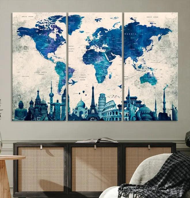 Navy Blue World Map Canvas Print, Wonder of World Map Push Pin Canvas Print: This triptych wall art displays a world map, highlighting famous global landmarks on museum-quality canvases. Each piece is ready to hang and includes a UV-protective coating for enduring vibrancy.