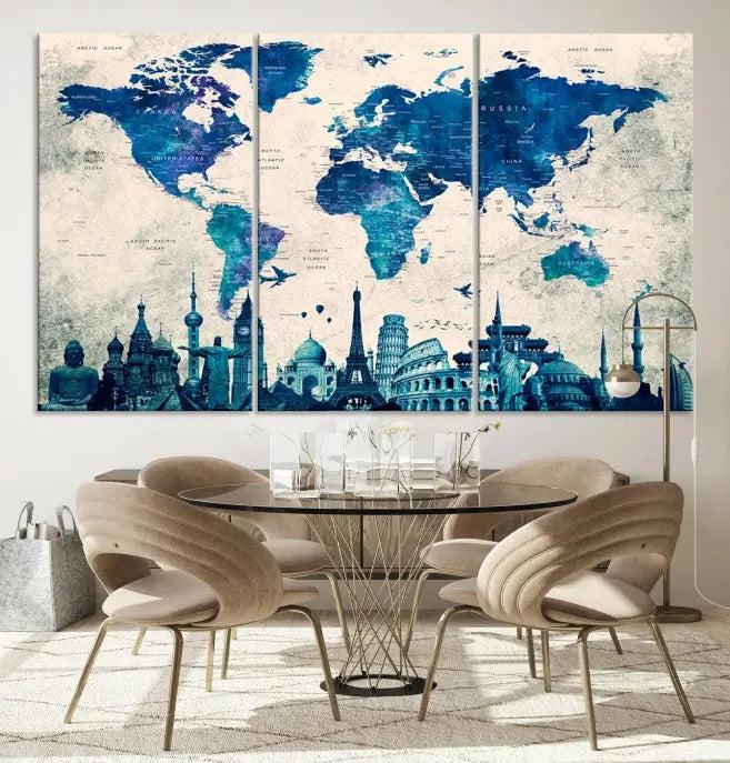 Navy Blue World Map Canvas Print, Wonder of World Map Push Pin Canvas Print: This triptych wall art displays a world map, highlighting famous global landmarks on museum-quality canvases. Each piece is ready to hang and includes a UV-protective coating for enduring vibrancy.