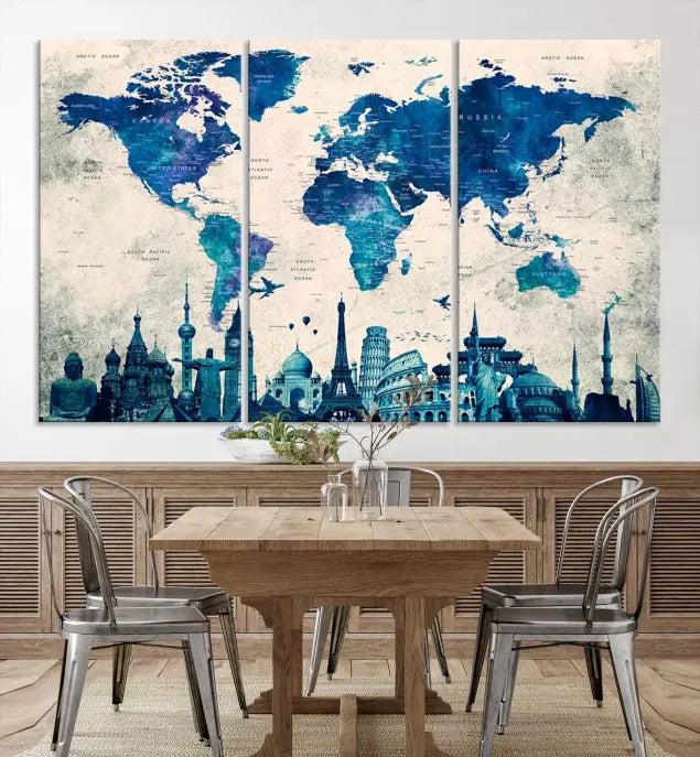 Navy Blue World Map Canvas Print, Wonder of World Map Push Pin Canvas Print: This triptych wall art displays a world map, highlighting famous global landmarks on museum-quality canvases. Each piece is ready to hang and includes a UV-protective coating for enduring vibrancy.