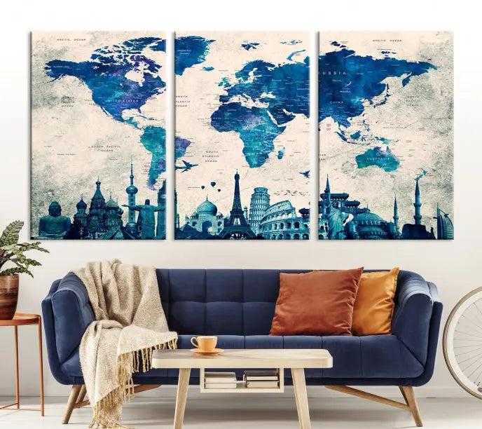 Navy Blue World Map Canvas Print, Wonder of World Map Push Pin Canvas Print: This triptych wall art displays a world map, highlighting famous global landmarks on museum-quality canvases. Each piece is ready to hang and includes a UV-protective coating for enduring vibrancy.