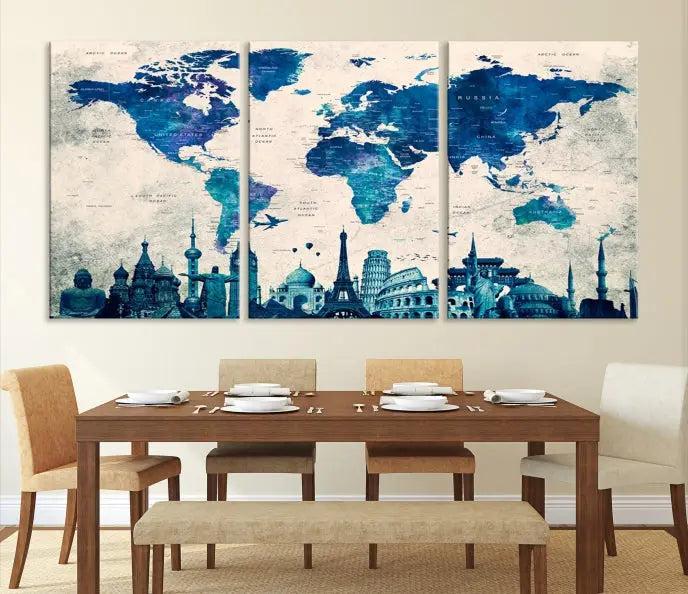 Navy Blue World Map Canvas Print, Wonder of World Map Push Pin Canvas Print: This triptych wall art displays a world map, highlighting famous global landmarks on museum-quality canvases. Each piece is ready to hang and includes a UV-protective coating for enduring vibrancy.