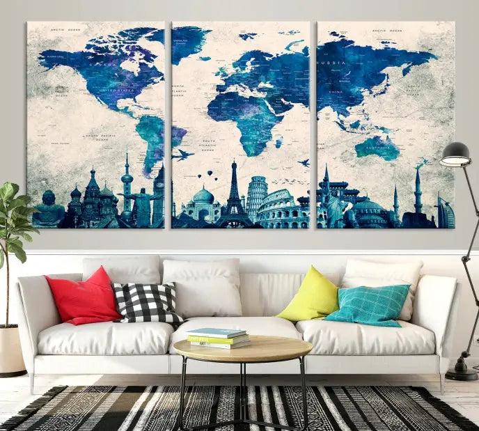 Navy Blue World Map Canvas Print, Wonder of World Map Push Pin Canvas Print: This triptych wall art displays a world map, highlighting famous global landmarks on museum-quality canvases. Each piece is ready to hang and includes a UV-protective coating for enduring vibrancy.