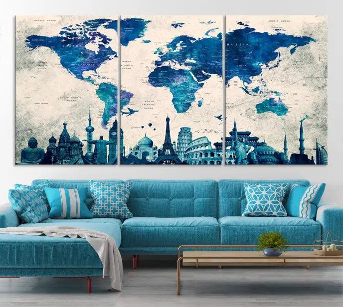 Navy Blue World Map Canvas Print, Wonder of World Map Push Pin Canvas Print: This triptych wall art displays a world map, highlighting famous global landmarks on museum-quality canvases. Each piece is ready to hang and includes a UV-protective coating for enduring vibrancy.