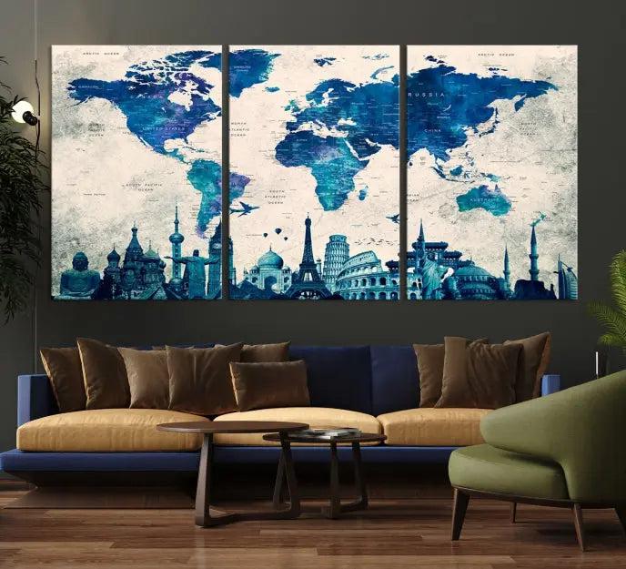 Navy Blue World Map Canvas Print, Wonder of World Map Push Pin Canvas Print: This triptych wall art displays a world map, highlighting famous global landmarks on museum-quality canvases. Each piece is ready to hang and includes a UV-protective coating for enduring vibrancy.