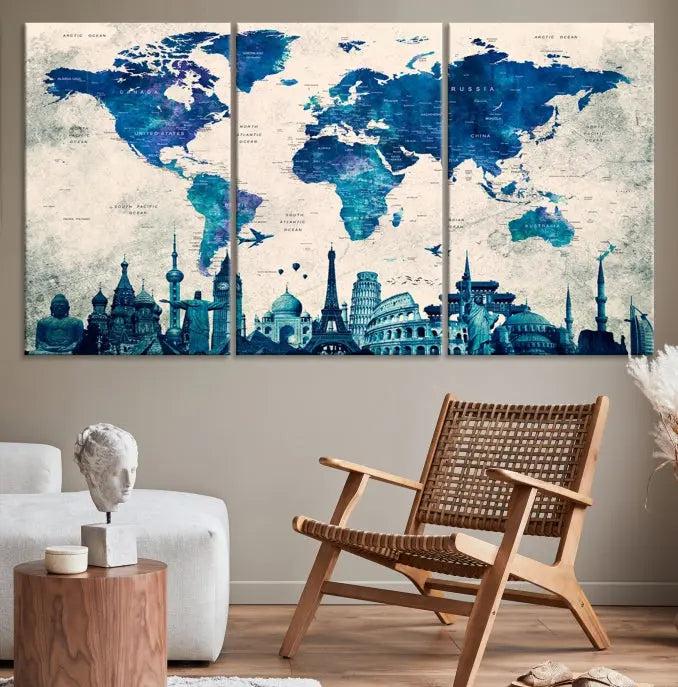 Navy Blue World Map Canvas Print, Wonder of World Map Push Pin Canvas Print: This triptych wall art displays a world map, highlighting famous global landmarks on museum-quality canvases. Each piece is ready to hang and includes a UV-protective coating for enduring vibrancy.