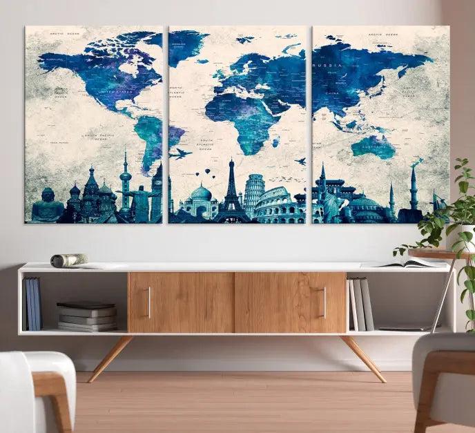 Navy Blue World Map Canvas Print, Wonder of World Map Push Pin Canvas Print: This triptych wall art displays a world map, highlighting famous global landmarks on museum-quality canvases. Each piece is ready to hang and includes a UV-protective coating for enduring vibrancy.