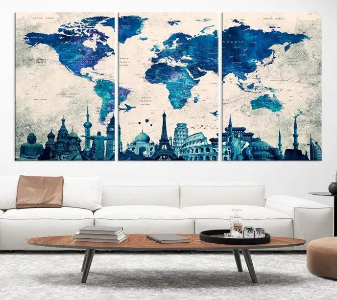 Navy Blue World Map Canvas Print, Wonder of World Map Push Pin Canvas Print: This triptych wall art displays a world map, highlighting famous global landmarks on museum-quality canvases. Each piece is ready to hang and includes a UV-protective coating for enduring vibrancy.