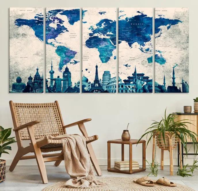 Navy Blue World Map Canvas Print, Wonder of World Map Push Pin Canvas Print: This triptych wall art displays a world map, highlighting famous global landmarks on museum-quality canvases. Each piece is ready to hang and includes a UV-protective coating for enduring vibrancy.