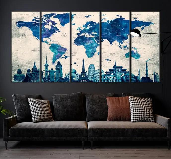 Navy Blue World Map Canvas Print, Wonder of World Map Push Pin Canvas Print: This triptych wall art displays a world map, highlighting famous global landmarks on museum-quality canvases. Each piece is ready to hang and includes a UV-protective coating for enduring vibrancy.