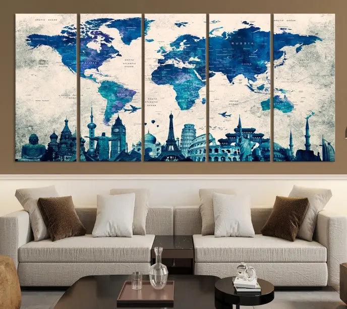 Navy Blue World Map Canvas Print, Wonder of World Map Push Pin Canvas Print: This triptych wall art displays a world map, highlighting famous global landmarks on museum-quality canvases. Each piece is ready to hang and includes a UV-protective coating for enduring vibrancy.