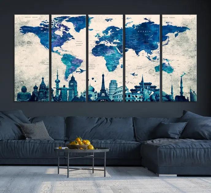 Navy Blue World Map Canvas Print, Wonder of World Map Push Pin Canvas Print: This triptych wall art displays a world map, highlighting famous global landmarks on museum-quality canvases. Each piece is ready to hang and includes a UV-protective coating for enduring vibrancy.