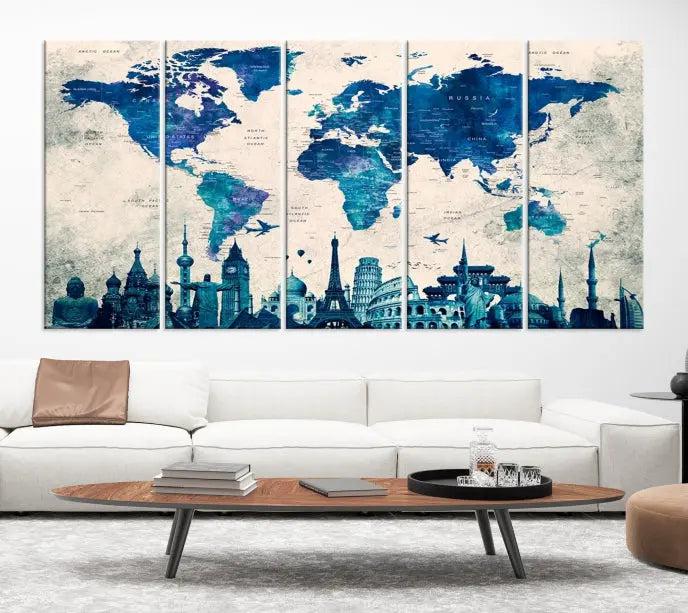 Navy Blue World Map Canvas Print, Wonder of World Map Push Pin Canvas Print: This triptych wall art displays a world map, highlighting famous global landmarks on museum-quality canvases. Each piece is ready to hang and includes a UV-protective coating for enduring vibrancy.