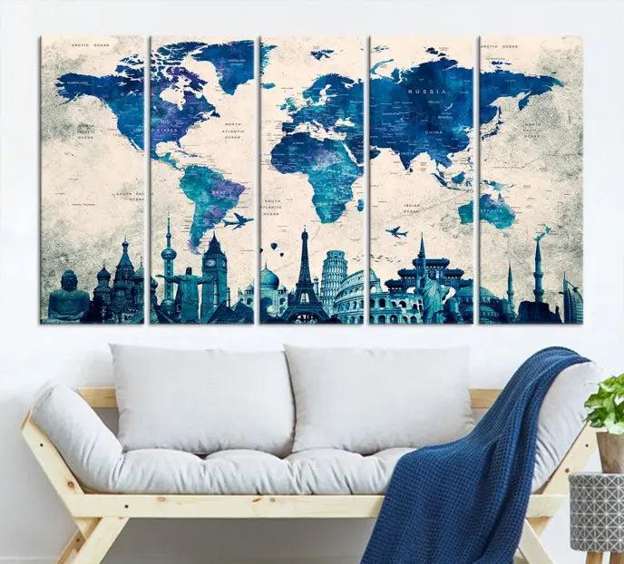 Navy Blue World Map Canvas Print, Wonder of World Map Push Pin Canvas Print: This triptych wall art displays a world map, highlighting famous global landmarks on museum-quality canvases. Each piece is ready to hang and includes a UV-protective coating for enduring vibrancy.