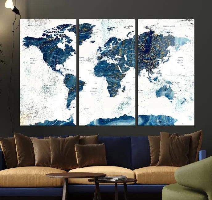 A Navy Blue World Map Wall Art Canvas Print, elegantly gallery wrapped for a chic look, brings sophistication to the modern living room. The museum-quality canvas offers lasting vibrancy with its UV-protective coating.