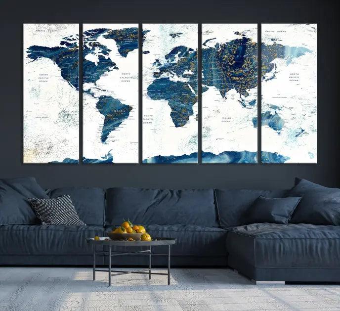 A Navy Blue World Map Wall Art Canvas Print, elegantly gallery wrapped for a chic look, brings sophistication to the modern living room. The museum-quality canvas offers lasting vibrancy with its UV-protective coating.