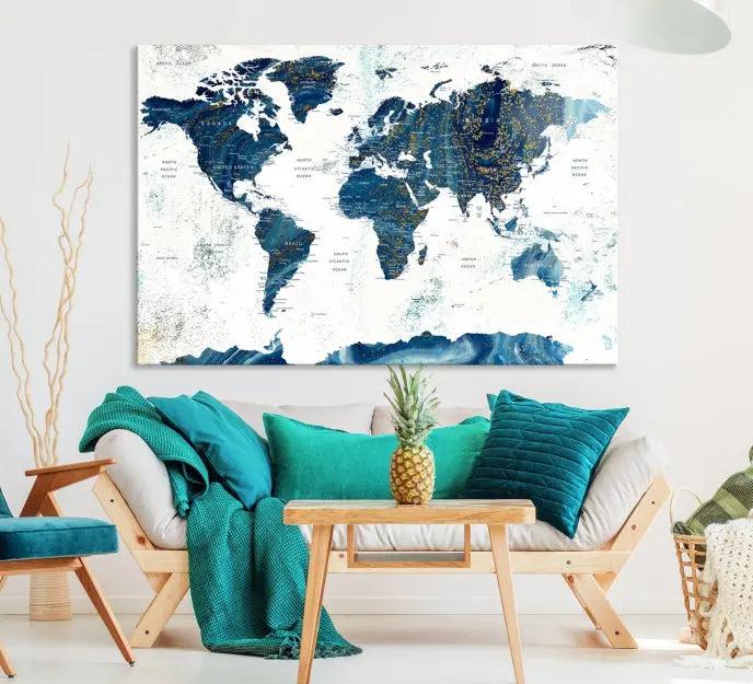 A Navy Blue World Map Wall Art Canvas Print, elegantly gallery wrapped for a chic look, brings sophistication to the modern living room. The museum-quality canvas offers lasting vibrancy with its UV-protective coating.