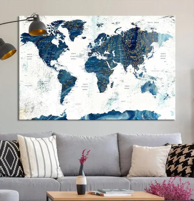 A Navy Blue World Map Wall Art Canvas Print, elegantly gallery wrapped for a chic look, brings sophistication to the modern living room. The museum-quality canvas offers lasting vibrancy with its UV-protective coating.