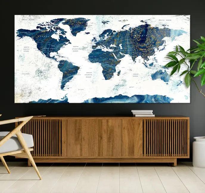 A Navy Blue World Map Wall Art Canvas Print, elegantly gallery wrapped for a chic look, brings sophistication to the modern living room. The museum-quality canvas offers lasting vibrancy with its UV-protective coating.