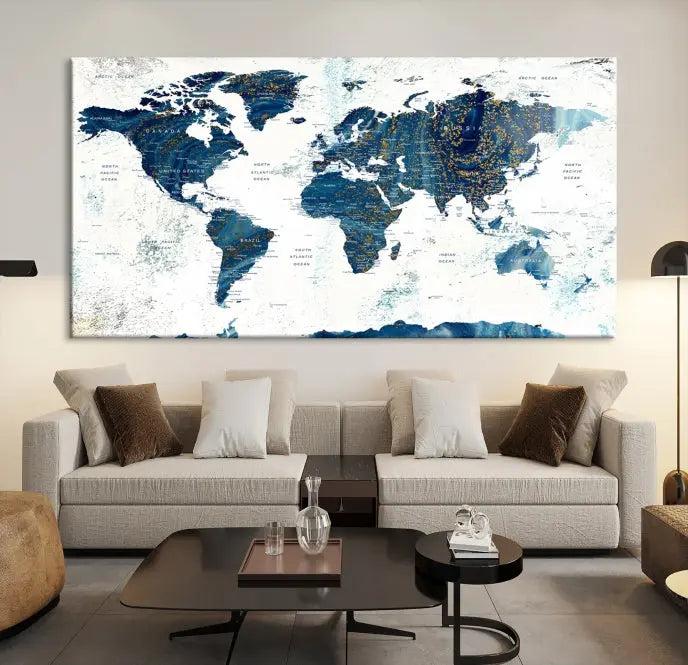 A Navy Blue World Map Wall Art Canvas Print, elegantly gallery wrapped for a chic look, brings sophistication to the modern living room. The museum-quality canvas offers lasting vibrancy with its UV-protective coating.