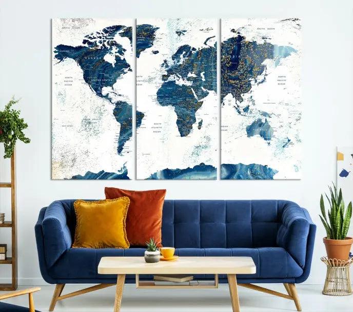 A Navy Blue World Map Wall Art Canvas Print, elegantly gallery wrapped for a chic look, brings sophistication to the modern living room. The museum-quality canvas offers lasting vibrancy with its UV-protective coating.