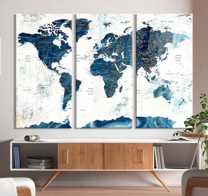 A Navy Blue World Map Wall Art Canvas Print, elegantly gallery wrapped for a chic look, brings sophistication to the modern living room. The museum-quality canvas offers lasting vibrancy with its UV-protective coating.