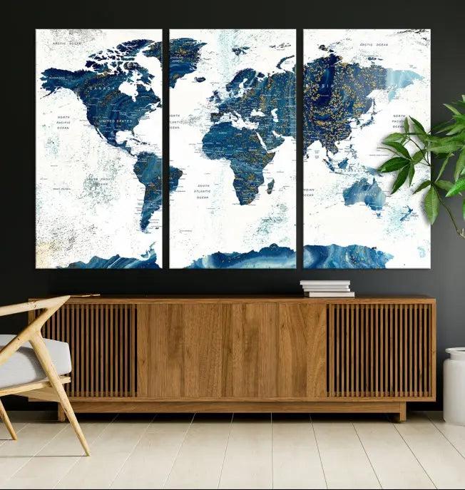 A Navy Blue World Map Wall Art Canvas Print, elegantly gallery wrapped for a chic look, brings sophistication to the modern living room. The museum-quality canvas offers lasting vibrancy with its UV-protective coating.