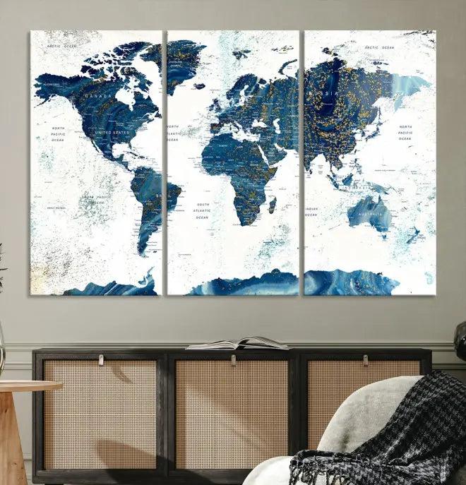 A Navy Blue World Map Wall Art Canvas Print, elegantly gallery wrapped for a chic look, brings sophistication to the modern living room. The museum-quality canvas offers lasting vibrancy with its UV-protective coating.