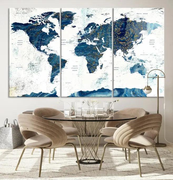 A Navy Blue World Map Wall Art Canvas Print, elegantly gallery wrapped for a chic look, brings sophistication to the modern living room. The museum-quality canvas offers lasting vibrancy with its UV-protective coating.