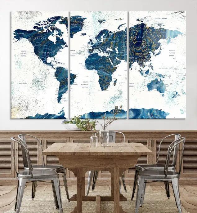 A Navy Blue World Map Wall Art Canvas Print, elegantly gallery wrapped for a chic look, brings sophistication to the modern living room. The museum-quality canvas offers lasting vibrancy with its UV-protective coating.