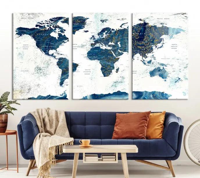 A Navy Blue World Map Wall Art Canvas Print, elegantly gallery wrapped for a chic look, brings sophistication to the modern living room. The museum-quality canvas offers lasting vibrancy with its UV-protective coating.