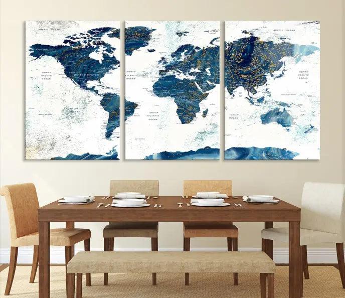 A Navy Blue World Map Wall Art Canvas Print, elegantly gallery wrapped for a chic look, brings sophistication to the modern living room. The museum-quality canvas offers lasting vibrancy with its UV-protective coating.