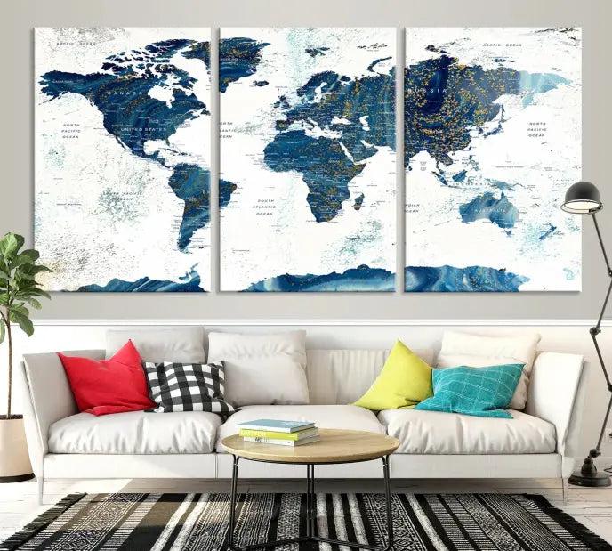 A Navy Blue World Map Wall Art Canvas Print, elegantly gallery wrapped for a chic look, brings sophistication to the modern living room. The museum-quality canvas offers lasting vibrancy with its UV-protective coating.