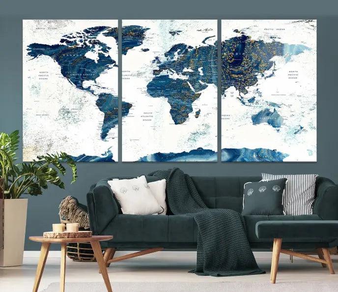 A Navy Blue World Map Wall Art Canvas Print, elegantly gallery wrapped for a chic look, brings sophistication to the modern living room. The museum-quality canvas offers lasting vibrancy with its UV-protective coating.