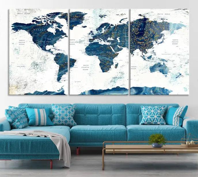 A Navy Blue World Map Wall Art Canvas Print, elegantly gallery wrapped for a chic look, brings sophistication to the modern living room. The museum-quality canvas offers lasting vibrancy with its UV-protective coating.