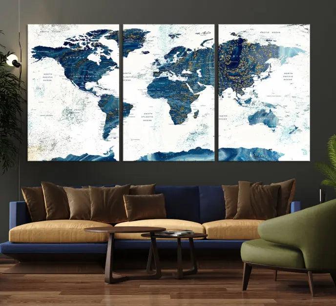 A Navy Blue World Map Wall Art Canvas Print, elegantly gallery wrapped for a chic look, brings sophistication to the modern living room. The museum-quality canvas offers lasting vibrancy with its UV-protective coating.