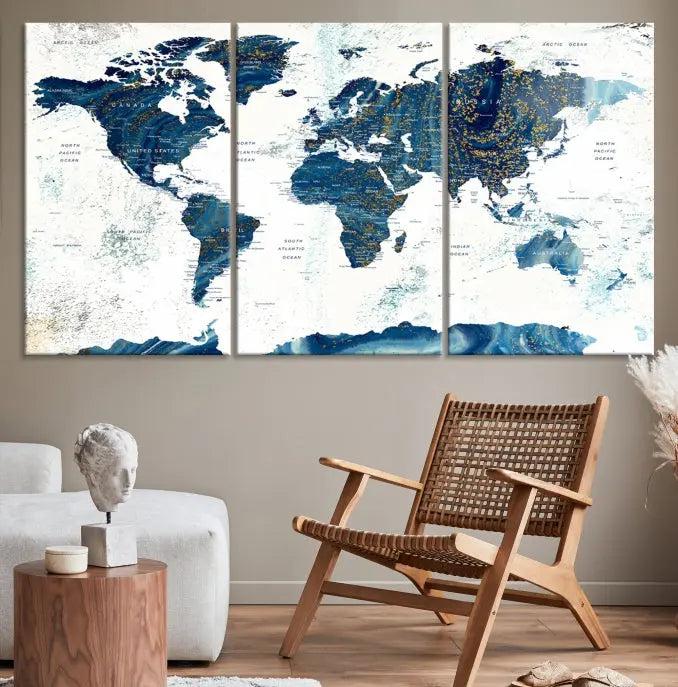 A Navy Blue World Map Wall Art Canvas Print, elegantly gallery wrapped for a chic look, brings sophistication to the modern living room. The museum-quality canvas offers lasting vibrancy with its UV-protective coating.