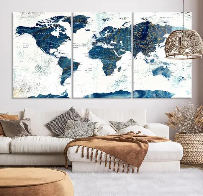 A Navy Blue World Map Wall Art Canvas Print, elegantly gallery wrapped for a chic look, brings sophistication to the modern living room. The museum-quality canvas offers lasting vibrancy with its UV-protective coating.