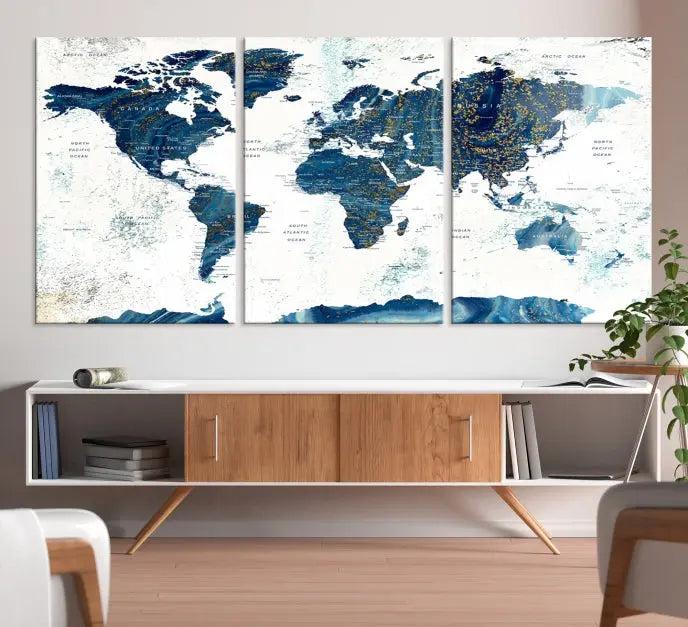 A Navy Blue World Map Wall Art Canvas Print, elegantly gallery wrapped for a chic look, brings sophistication to the modern living room. The museum-quality canvas offers lasting vibrancy with its UV-protective coating.