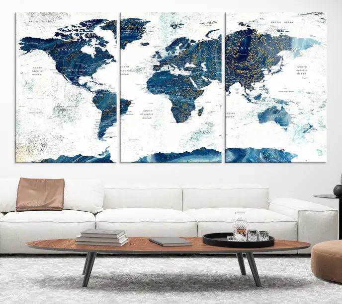 A Navy Blue World Map Wall Art Canvas Print, elegantly gallery wrapped for a chic look, brings sophistication to the modern living room. The museum-quality canvas offers lasting vibrancy with its UV-protective coating.