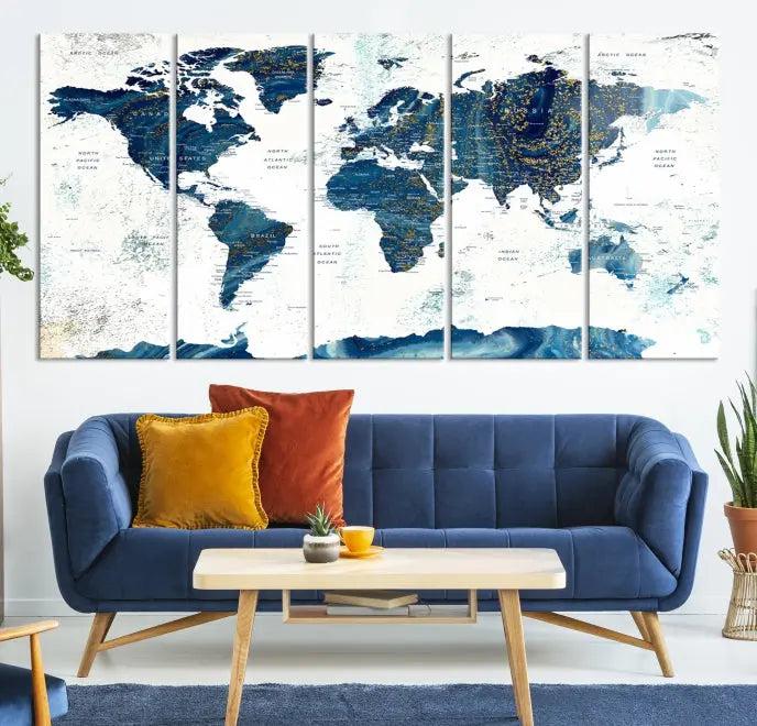 A Navy Blue World Map Wall Art Canvas Print, elegantly gallery wrapped for a chic look, brings sophistication to the modern living room. The museum-quality canvas offers lasting vibrancy with its UV-protective coating.