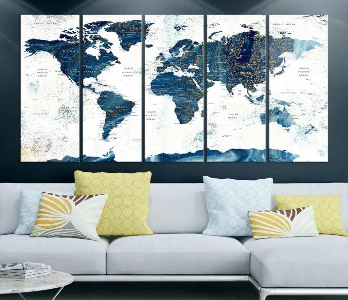 A Navy Blue World Map Wall Art Canvas Print, elegantly gallery wrapped for a chic look, brings sophistication to the modern living room. The museum-quality canvas offers lasting vibrancy with its UV-protective coating.