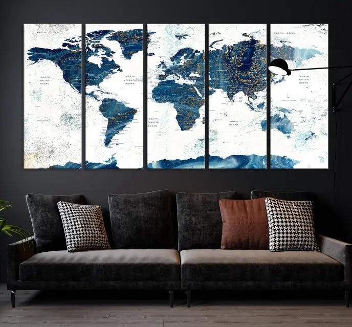 A Navy Blue World Map Wall Art Canvas Print, elegantly gallery wrapped for a chic look, brings sophistication to the modern living room. The museum-quality canvas offers lasting vibrancy with its UV-protective coating.